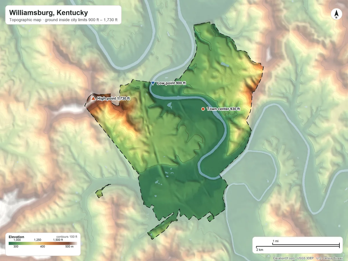 Topographic elevation map of Williamsburg, Kentucky, shaded from 900 ft on the northwest side to 1,730 ft on the west side