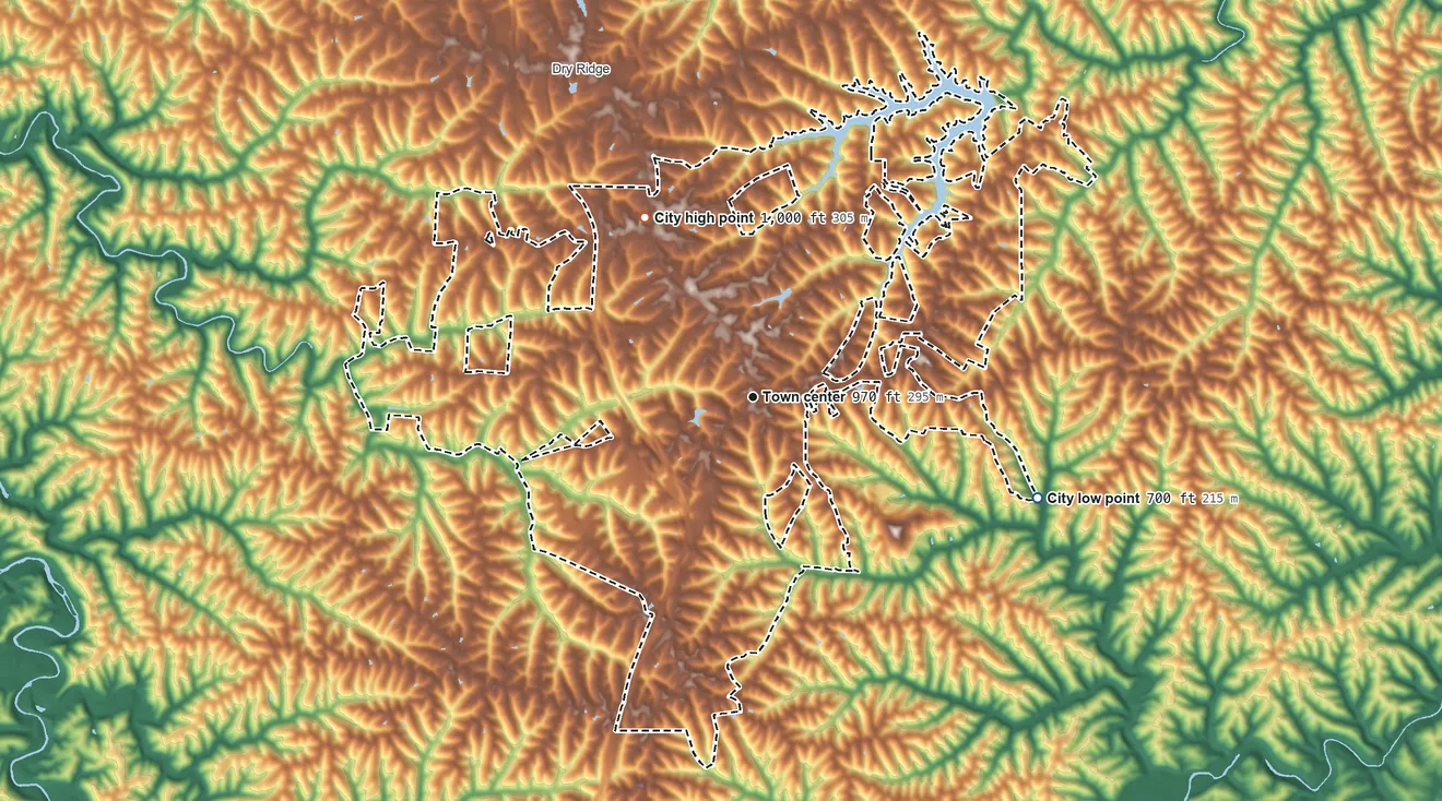 Topographic elevation map of Williamstown, Kentucky, shaded from 700 ft on the east side to 1,000 ft on the northwest side