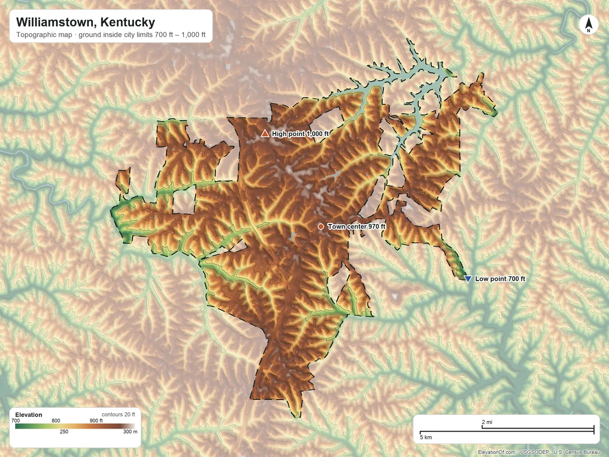 Topographic elevation map of Williamstown, Kentucky, shaded from 700 ft on the east side to 1,000 ft on the northwest side