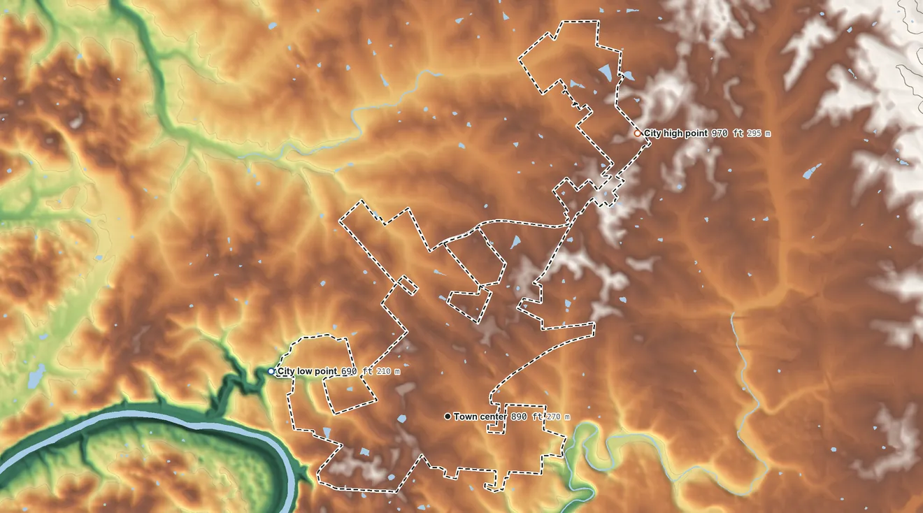 Topographic elevation map of Wilmore, Kentucky, shaded from 690 ft on the west side to 970 ft on the northeast side
