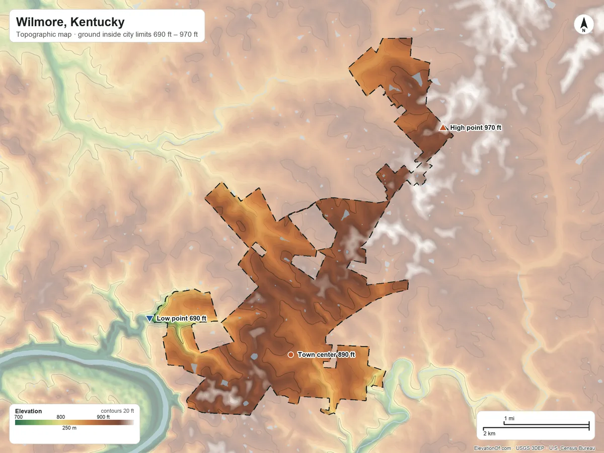 Topographic elevation map of Wilmore, Kentucky, shaded from 690 ft on the west side to 970 ft on the northeast side