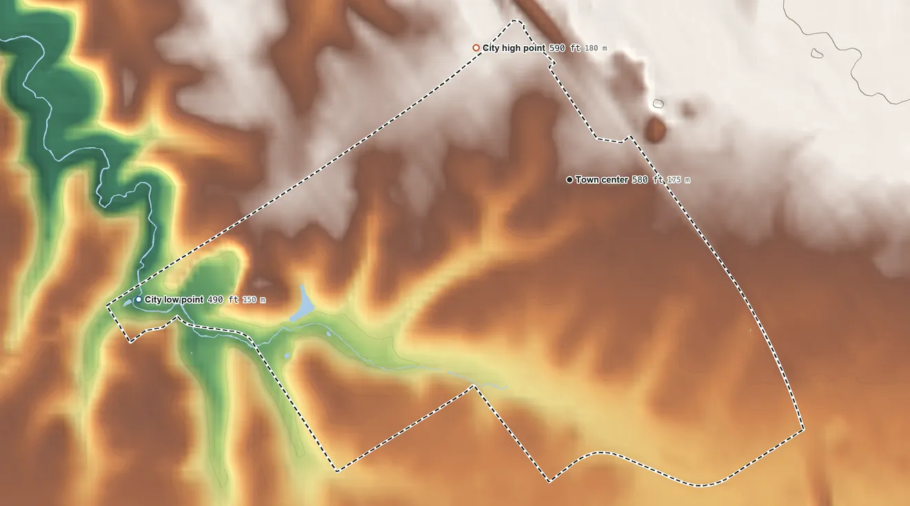 Topographic elevation map of Windy Hills, Kentucky, shaded from 490 ft on the west side to 590 ft on the northwest side