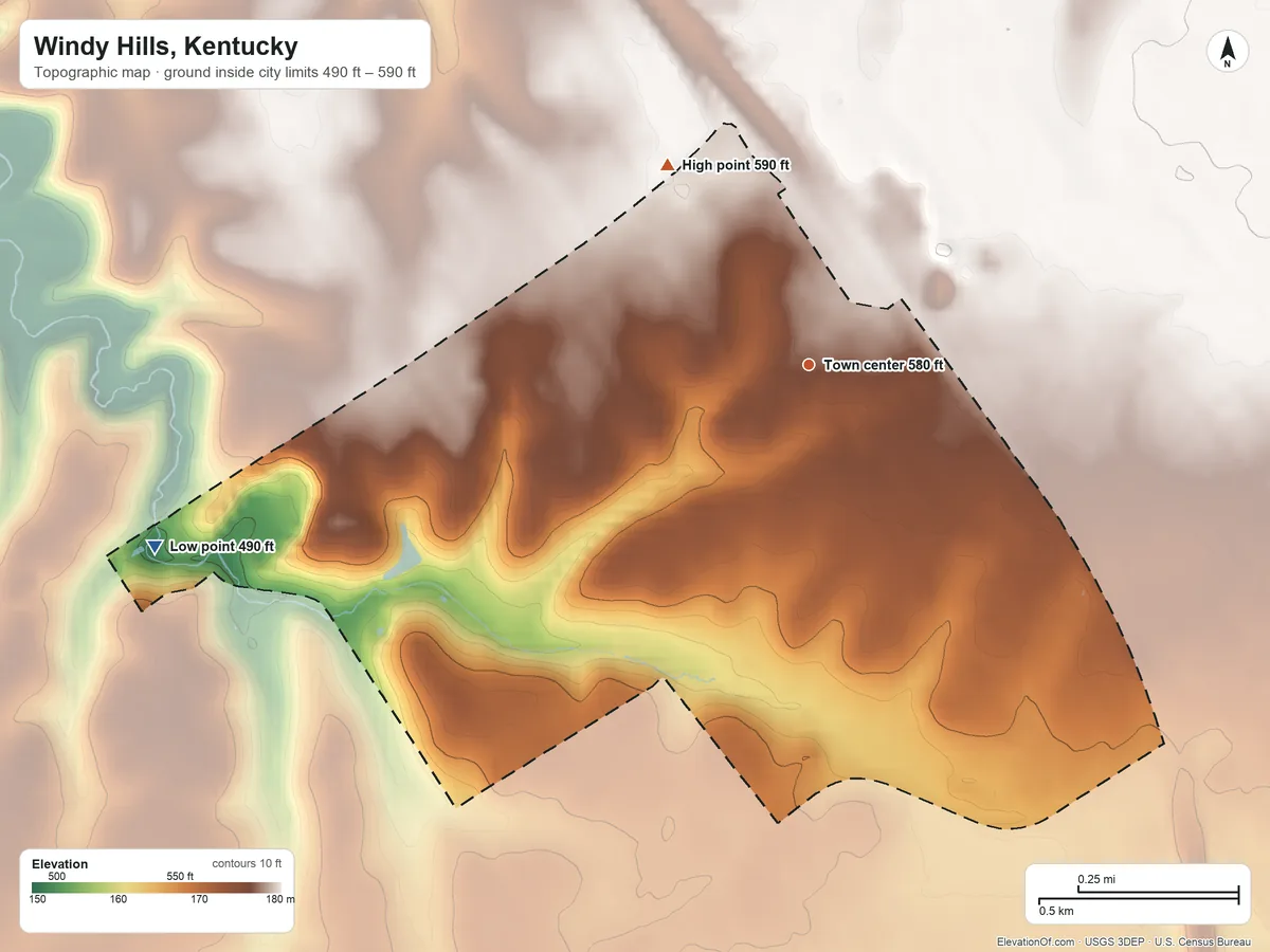 Topographic elevation map of Windy Hills, Kentucky, shaded from 490 ft on the west side to 590 ft on the northwest side