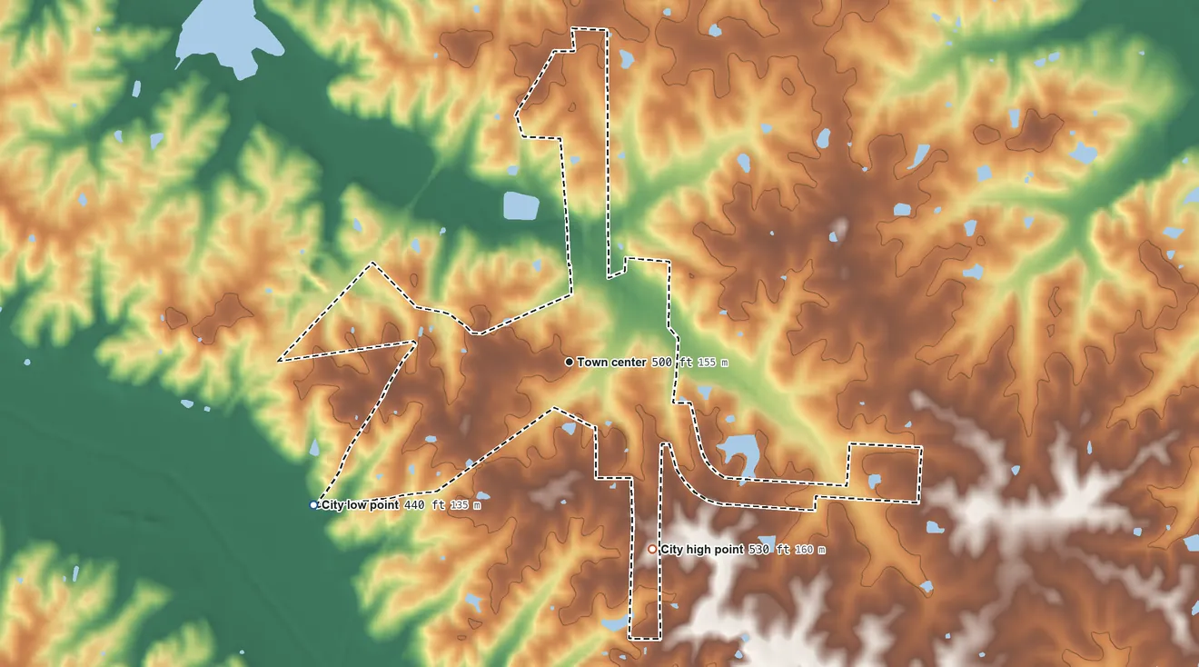 Topographic elevation map of Wingo, Kentucky, shaded from 440 ft on the southwest side to 530 ft on the southeast side