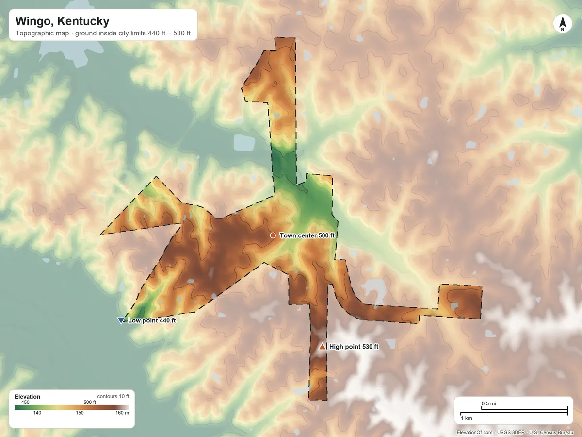 Topographic elevation map of Wingo, Kentucky, shaded from 440 ft on the southwest side to 530 ft on the southeast side
