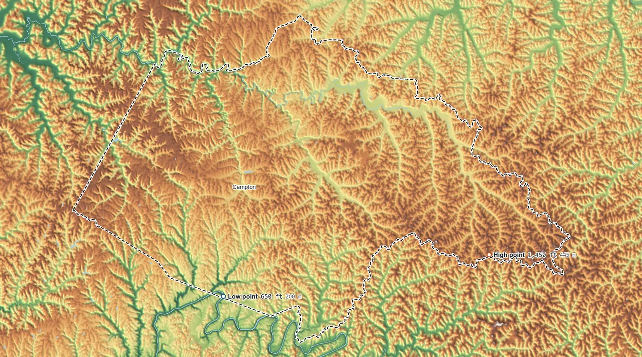 Topographic elevation map of Wolfe County, Kentucky, shaded from 650 ft on the southwest side to 1,450 ft on the southeast side