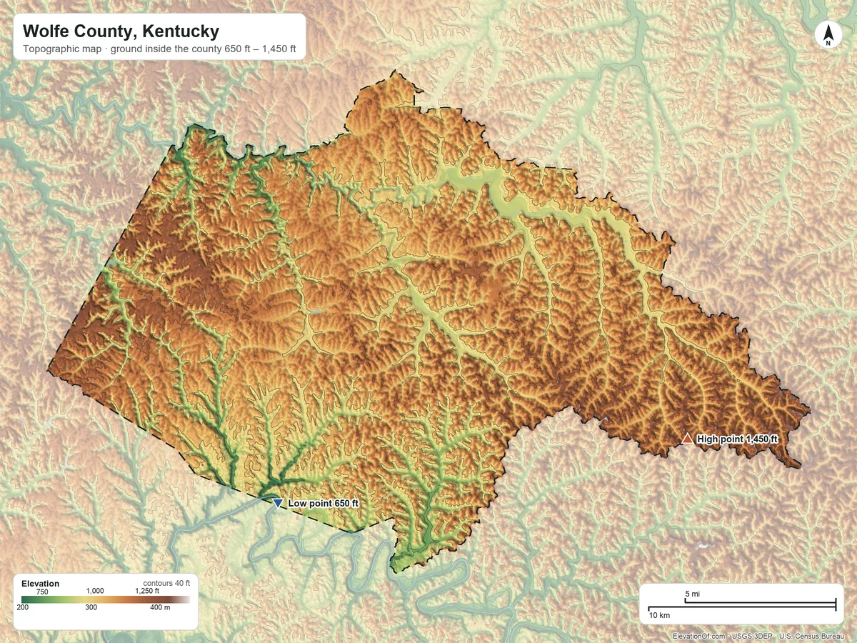 Topographic elevation map of Wolfe County, Kentucky, shaded from 650 ft on the southwest side to 1,450 ft on the southeast side