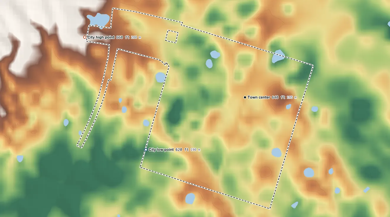 Topographic elevation map of Woodburn, Kentucky, shaded from 620 ft on the southwest side to 660 ft on the west side
