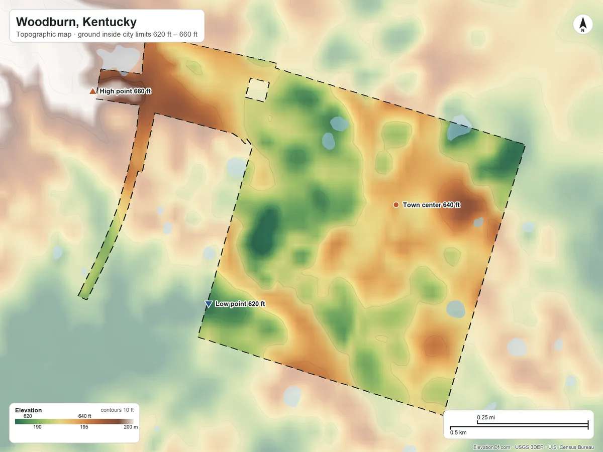 Topographic elevation map of Woodburn, Kentucky, shaded from 620 ft on the southwest side to 660 ft on the west side