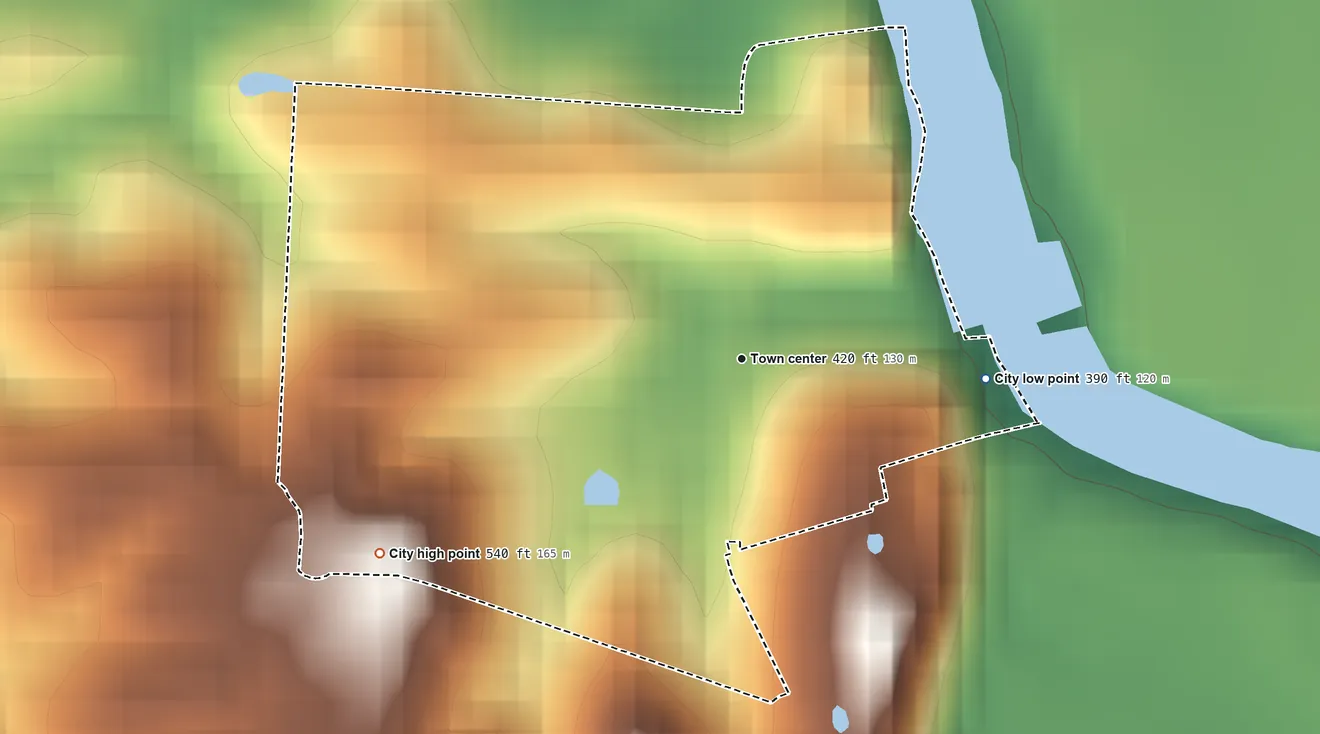 Topographic elevation map of Woodbury, Kentucky, shaded from 390 ft on the east side to 540 ft on the southwest side