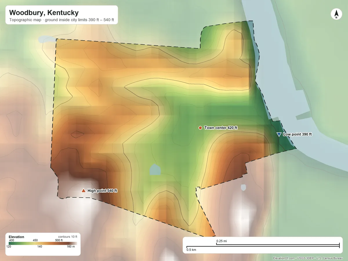 Topographic elevation map of Woodbury, Kentucky, shaded from 390 ft on the east side to 540 ft on the southwest side