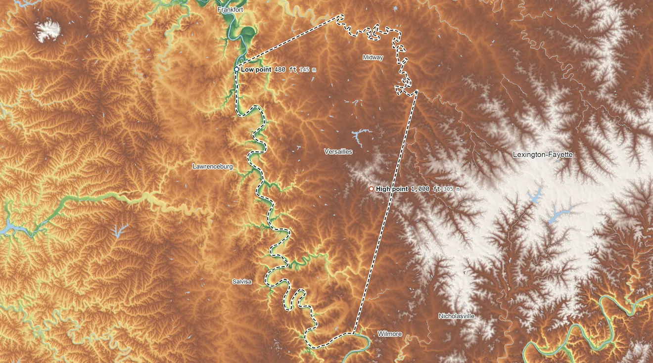 Topographic elevation map of Woodford County, Kentucky, shaded from 480 ft on the northwest side to 1,000 ft on the east side