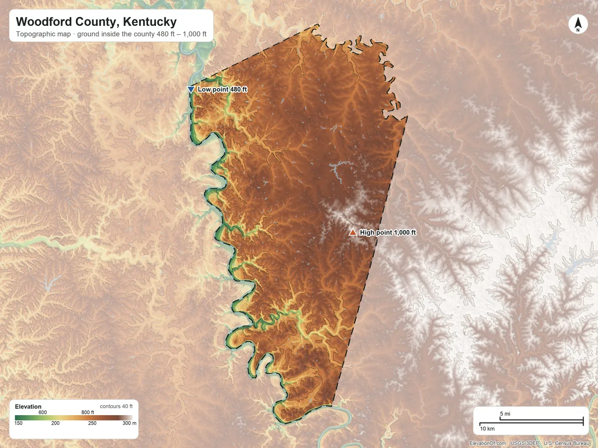 Topographic elevation map of Woodford County, Kentucky, shaded from 480 ft on the northwest side to 1,000 ft on the east side