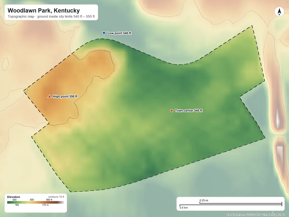 Topographic elevation map of Woodlawn Park, Kentucky, shaded from 540 ft on the northwest side to 550 ft on the west side