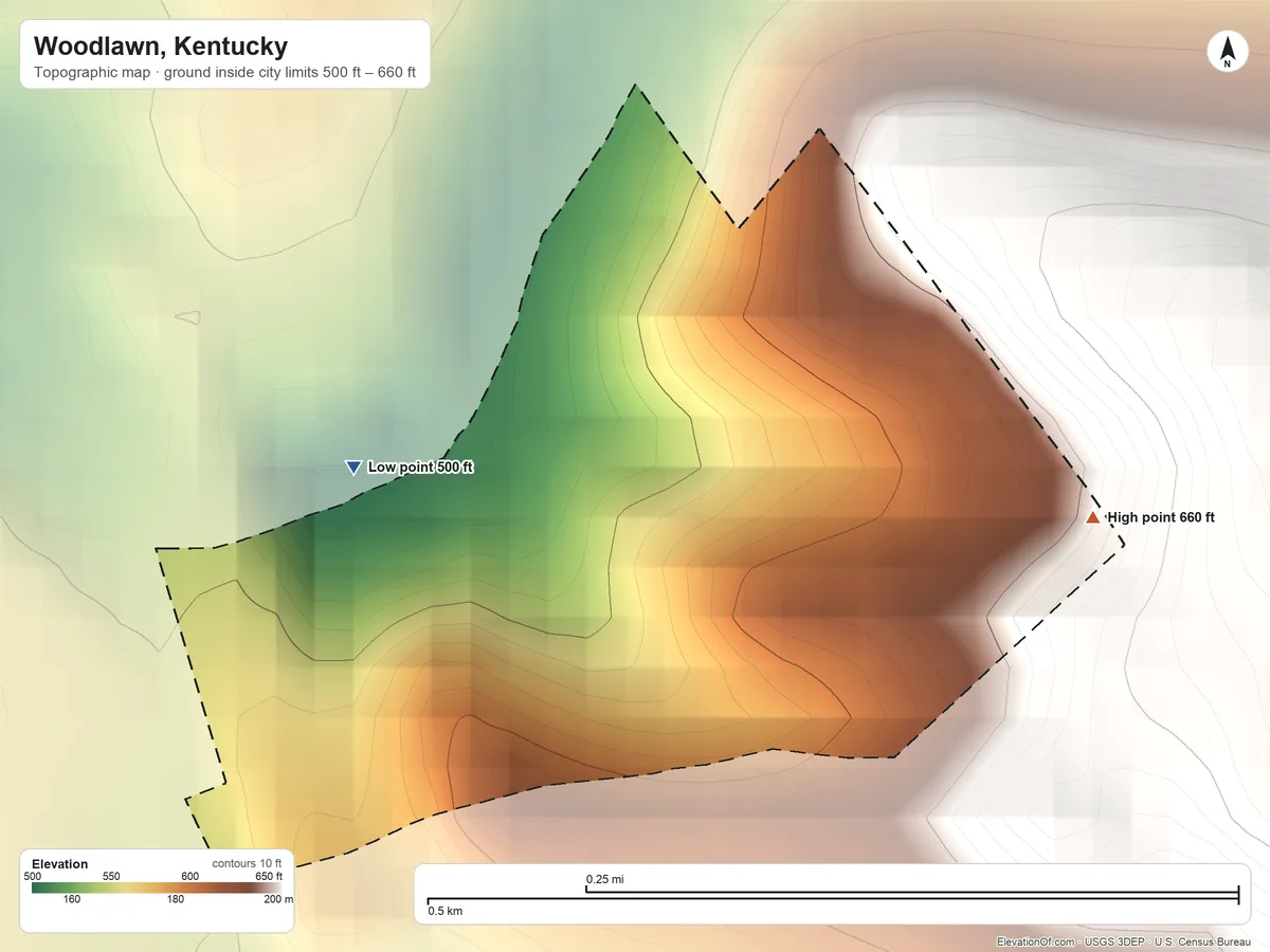 Topographic elevation map of Woodlawn, Kentucky, shaded from 500 ft on the west side to 660 ft on the east side