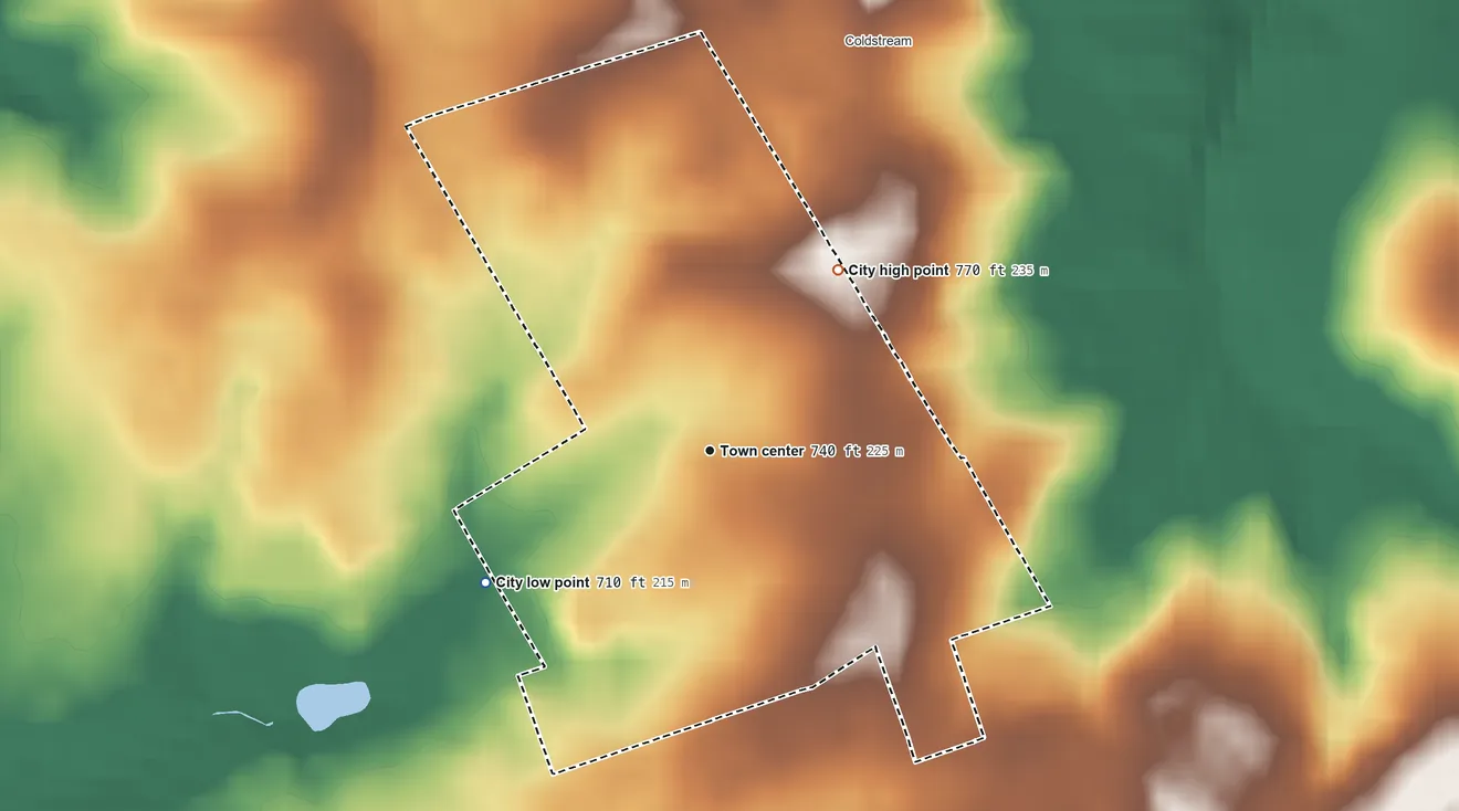 Topographic elevation map of Worthington Hills, Kentucky, shaded from 710 ft on the southwest side to 770 ft on the northeast side