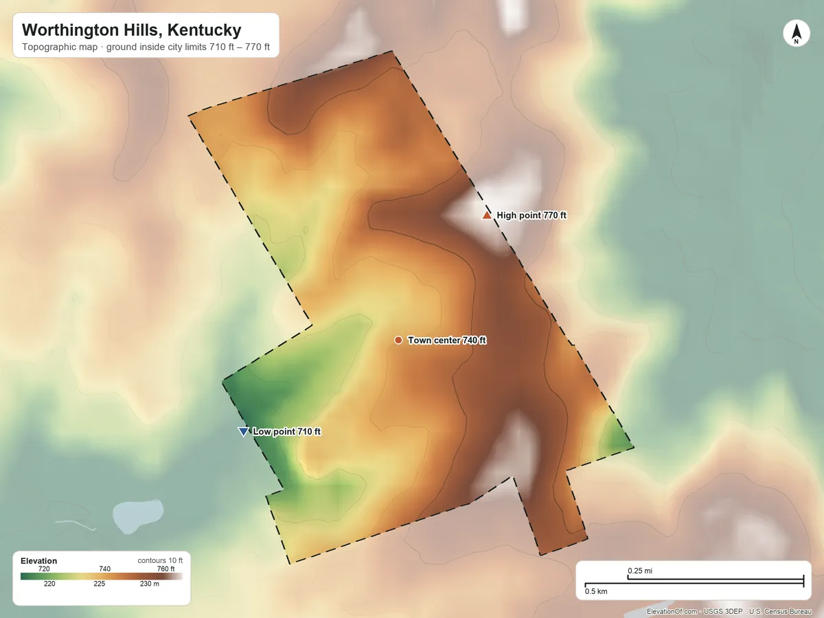 Topographic elevation map of Worthington Hills, Kentucky, shaded from 710 ft on the southwest side to 770 ft on the northeast side