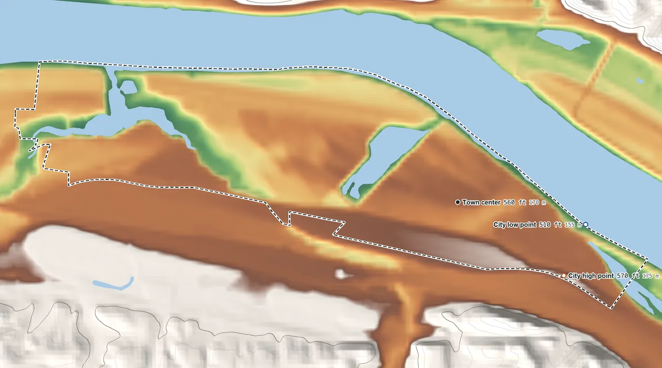 Topographic elevation map of Worthington, Kentucky, shaded from 510 ft on the east side to 570 ft on the southeast side