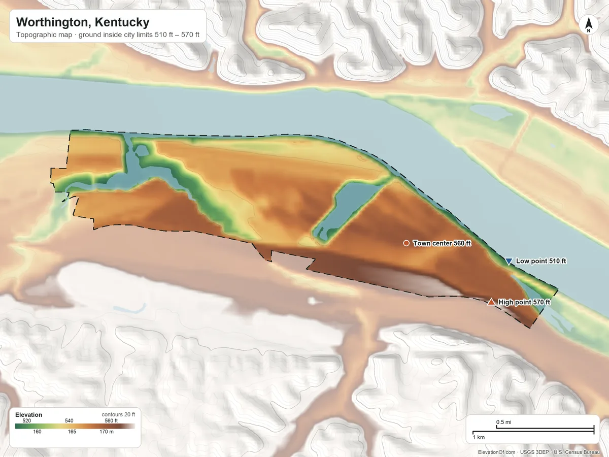 Topographic elevation map of Worthington, Kentucky, shaded from 510 ft on the east side to 570 ft on the southeast side