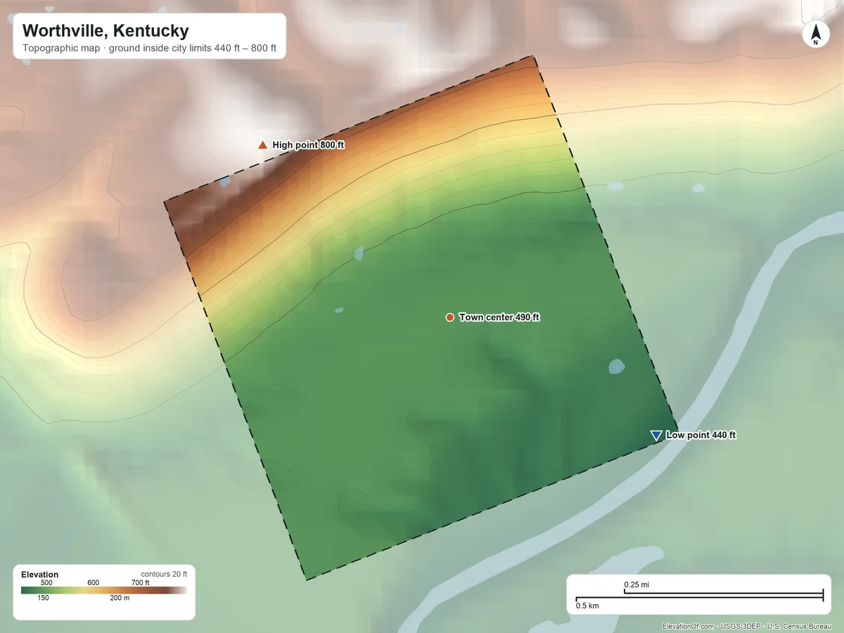 Topographic elevation map of Worthville, Kentucky, shaded from 440 ft on the southeast side to 800 ft on the northwest side