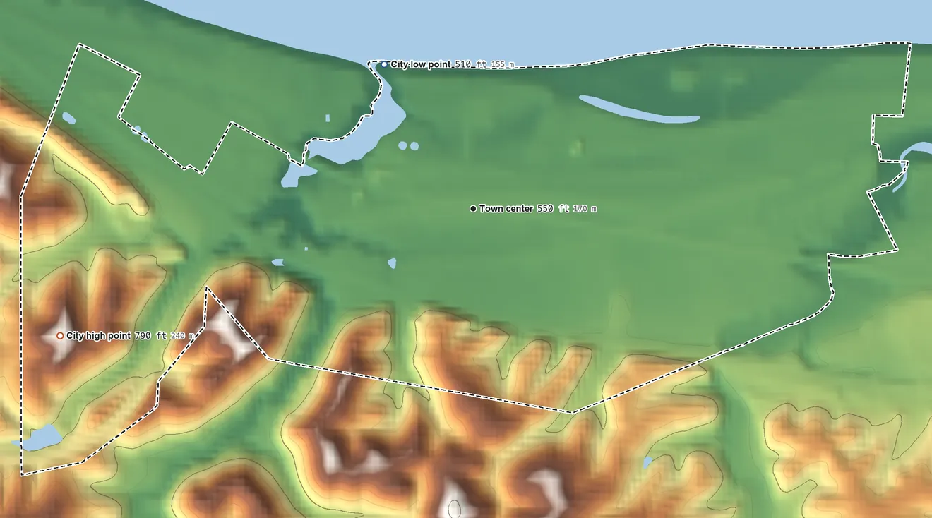 Topographic elevation map of Wurtland, Kentucky, shaded from 510 ft on the northwest side to 790 ft on the west side