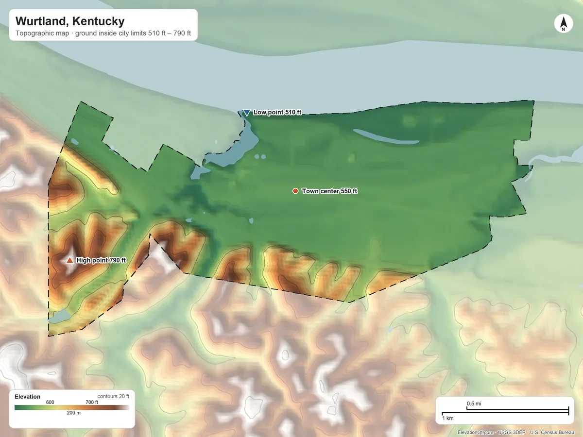 Topographic elevation map of Wurtland, Kentucky, shaded from 510 ft on the northwest side to 790 ft on the west side