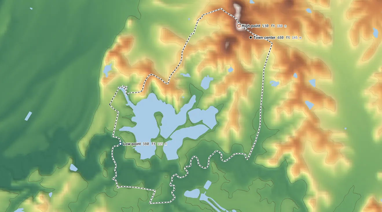 Topographic elevation map of Yelvington, Kentucky, shaded from 380 ft on the southwest side to 530 ft near the middle