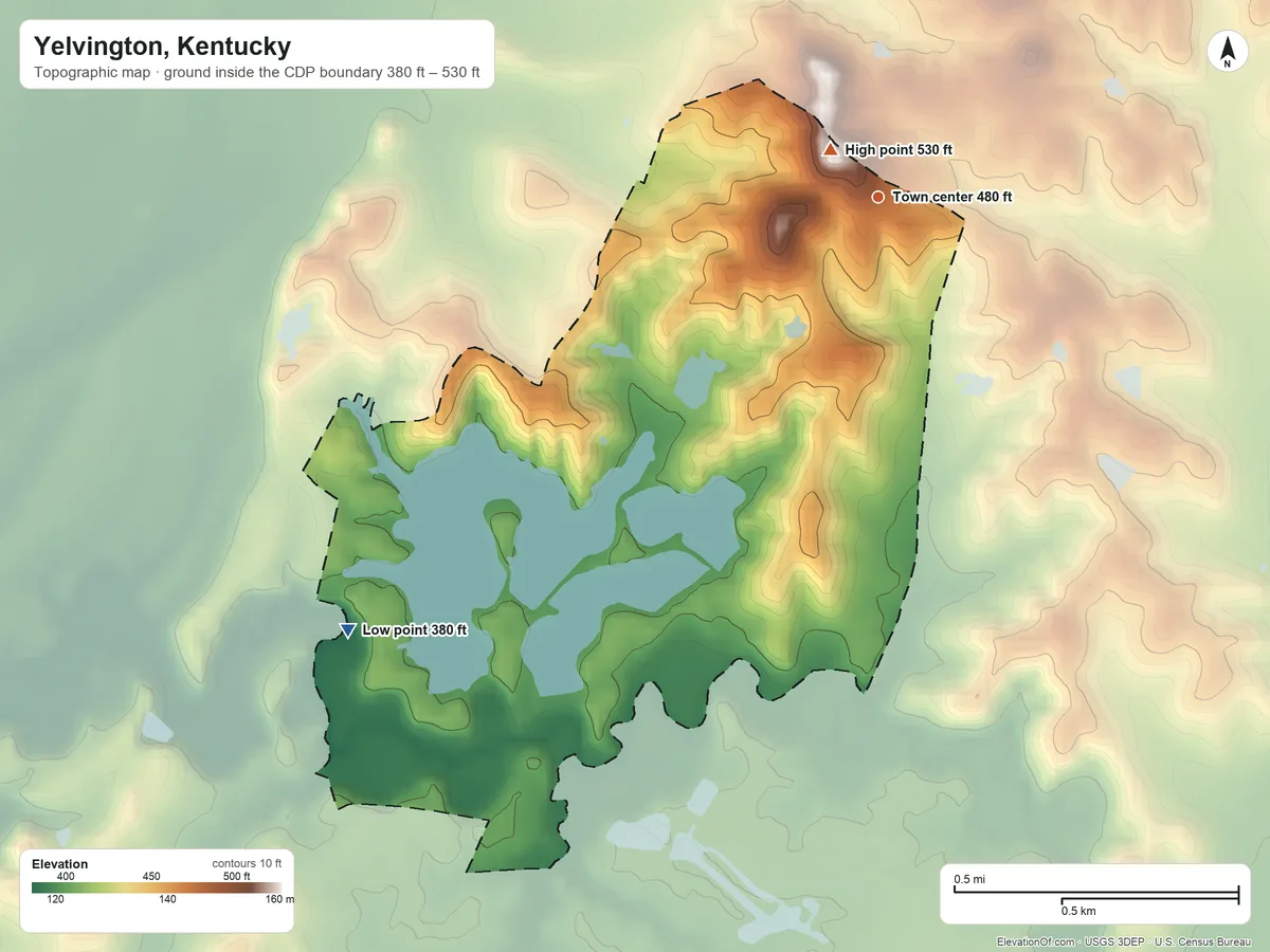 Topographic elevation map of Yelvington, Kentucky, shaded from 380 ft on the southwest side to 530 ft near the middle