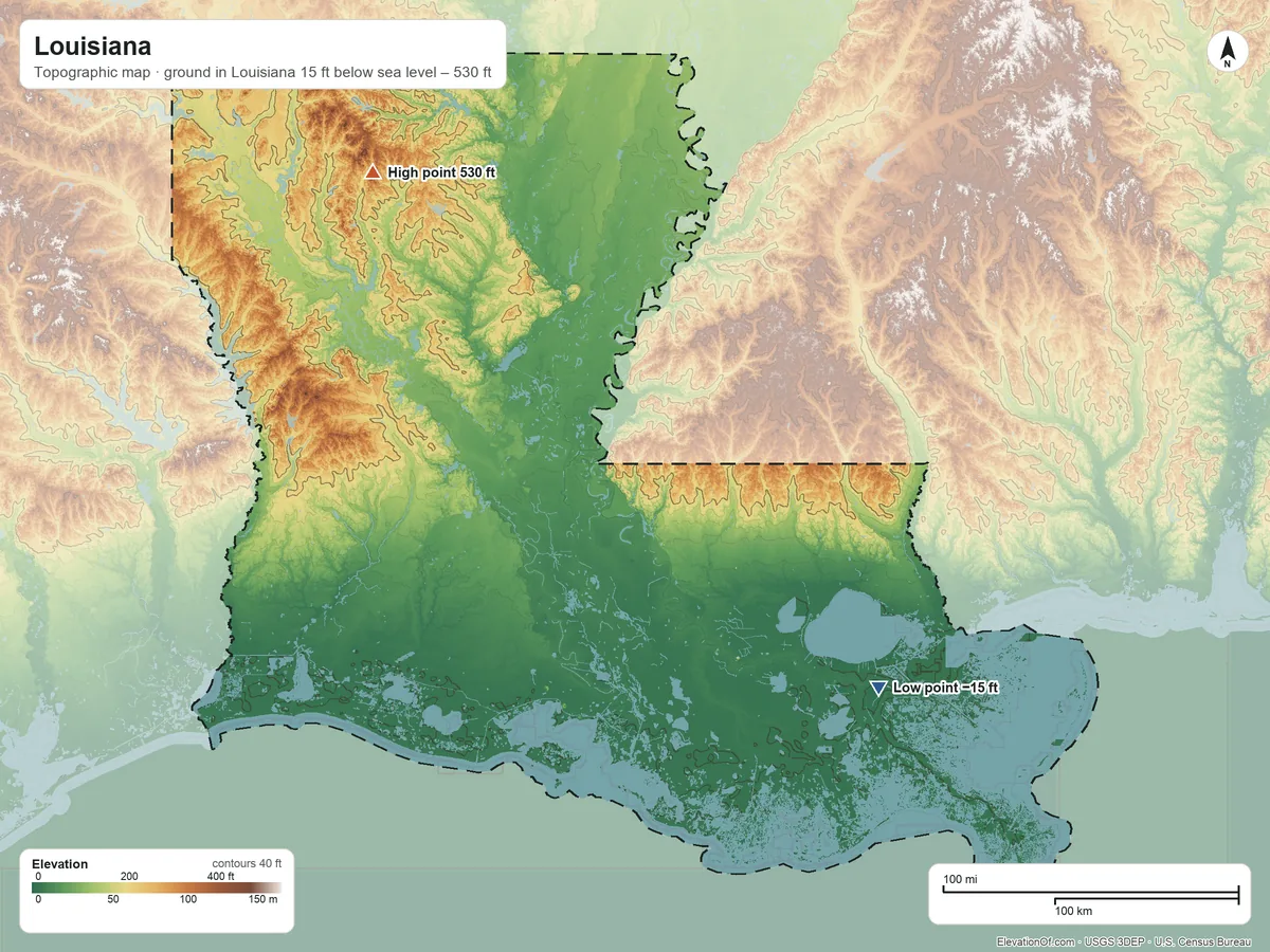 Topographic elevation map of Louisiana, shaded from 15 ft below sea level on the southeast side to 530 ft on Driskill Mountain