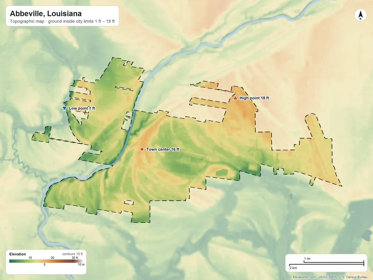 Topographic elevation map of Abbeville, Louisiana, shaded from 1 ft on the northwest side to 18 ft on the northeast side