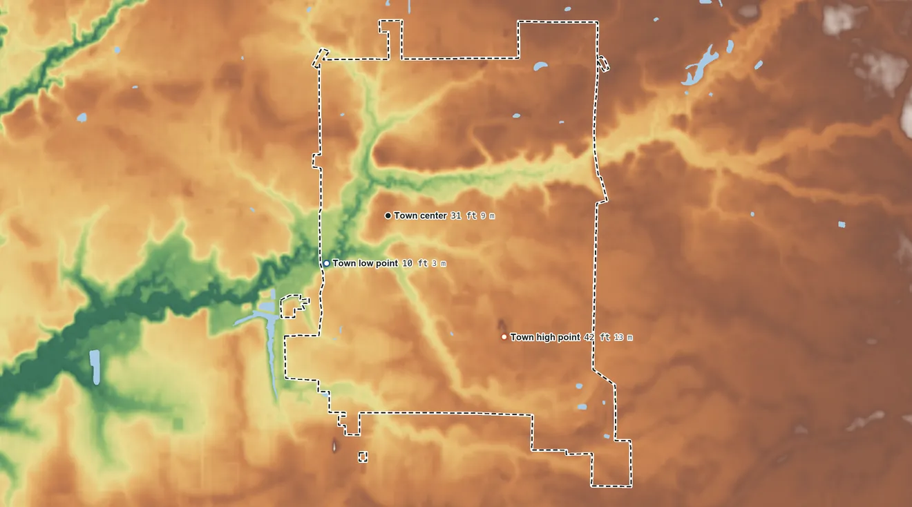 Topographic elevation map of Abita Springs, Louisiana, shaded from 10 ft on the southwest side to 42 ft on the southeast side