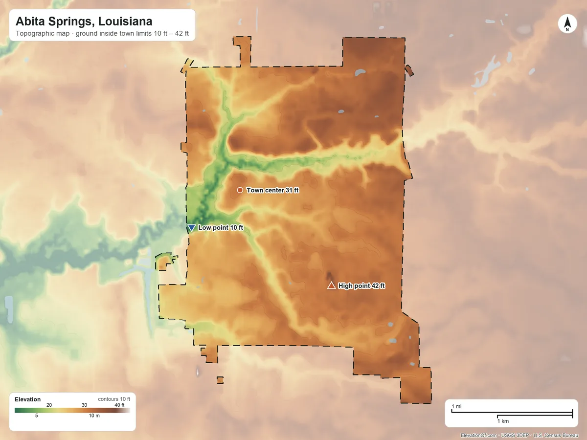 Topographic elevation map of Abita Springs, Louisiana, shaded from 10 ft on the southwest side to 42 ft on the southeast side