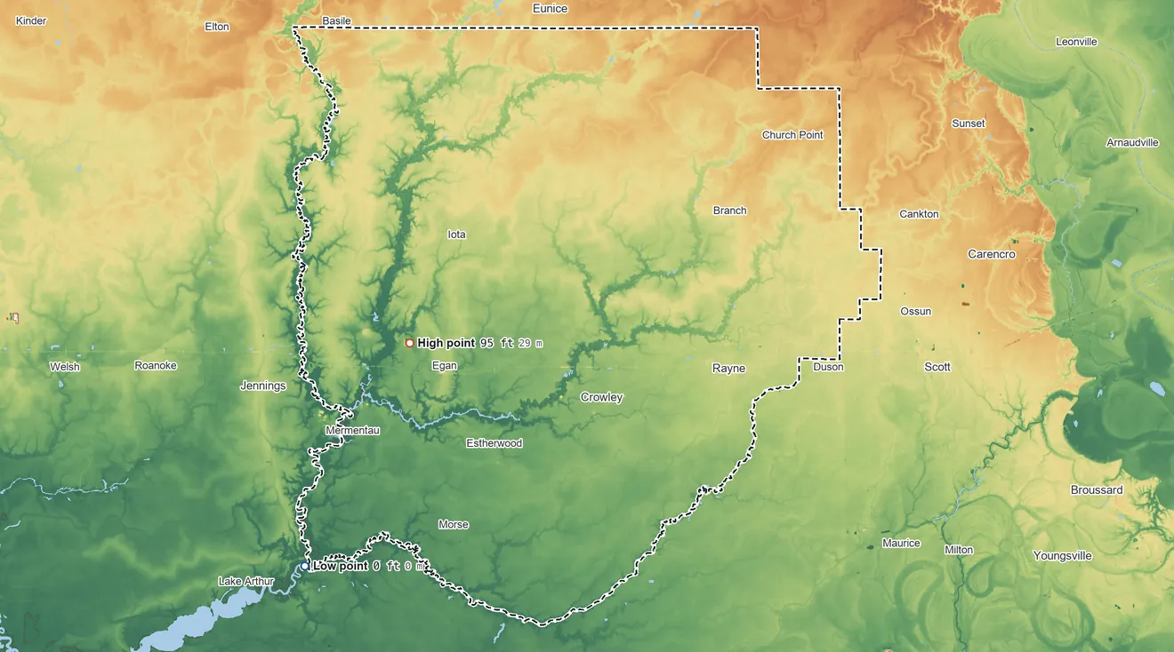 Topographic elevation map of Acadia Parish, Louisiana, shaded from 0 ft on the southwest side to 95 ft on the west side