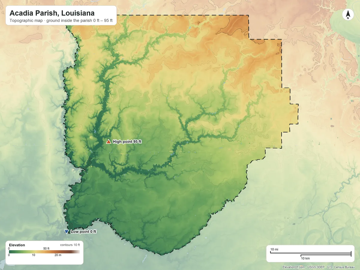 Topographic elevation map of Acadia Parish, Louisiana, shaded from 0 ft on the southwest side to 95 ft on the west side