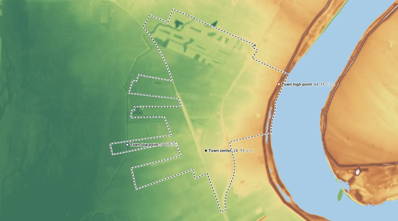 Topographic elevation map of Addis, Louisiana, shaded from 5 ft on the west side to 44 ft on the northeast side