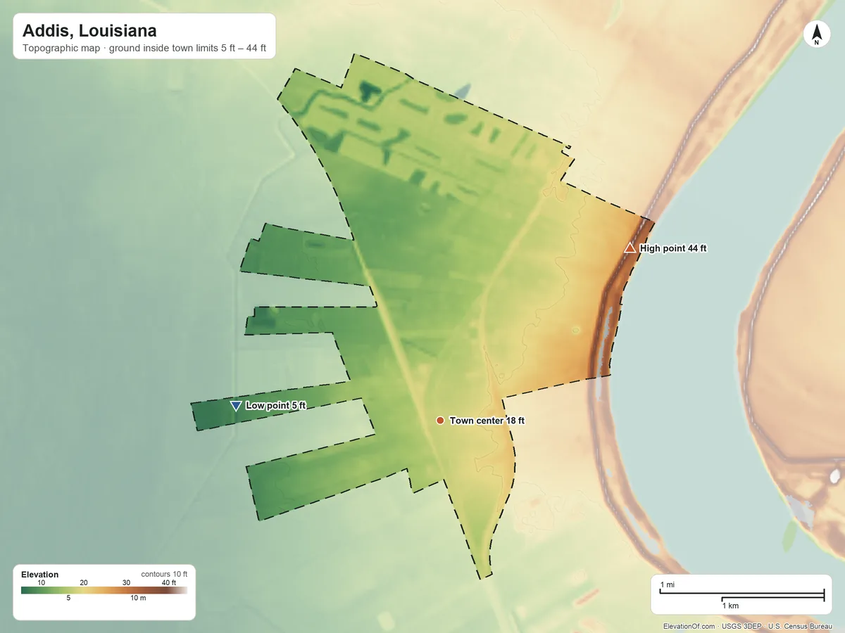 Topographic elevation map of Addis, Louisiana, shaded from 5 ft on the west side to 44 ft on the northeast side