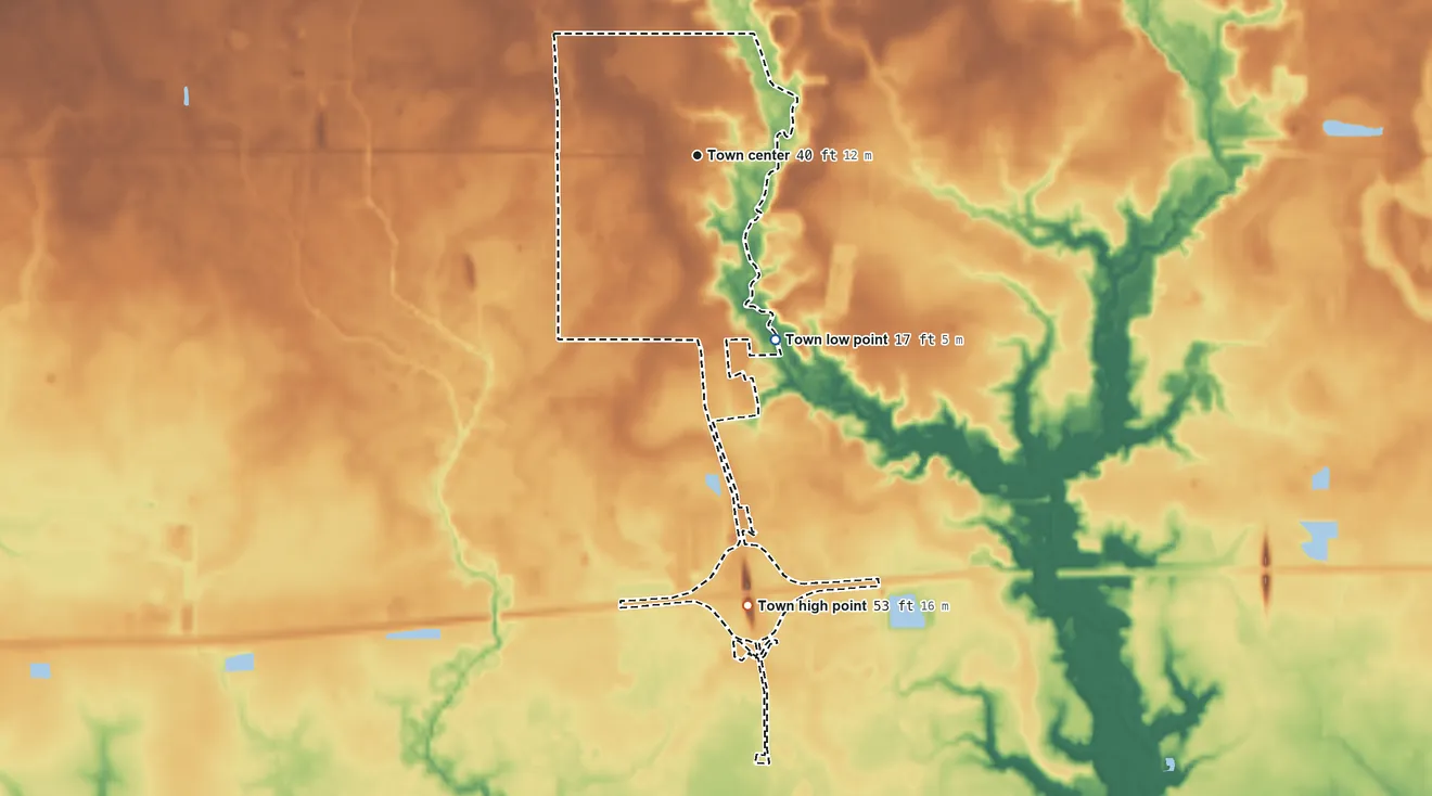 Topographic elevation map of Albany, Louisiana, shaded from 17 ft on the southeast side to 53 ft on the south side