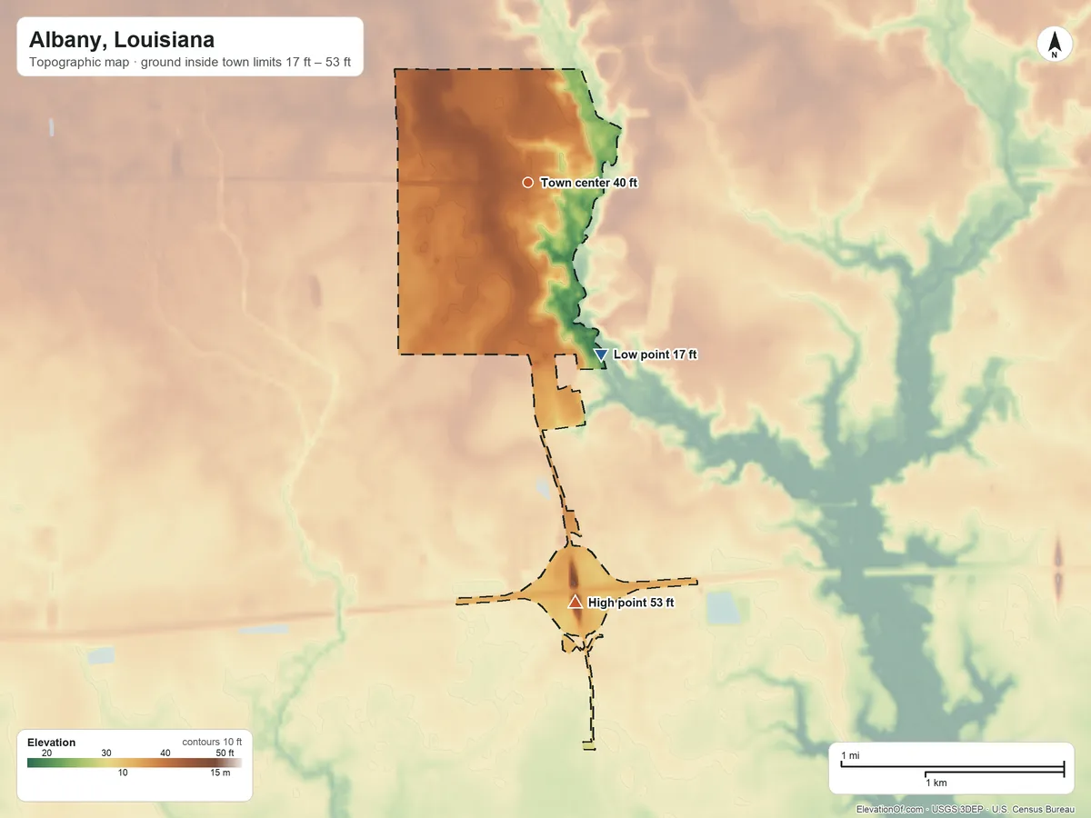 Topographic elevation map of Albany, Louisiana, shaded from 17 ft on the southeast side to 53 ft on the south side
