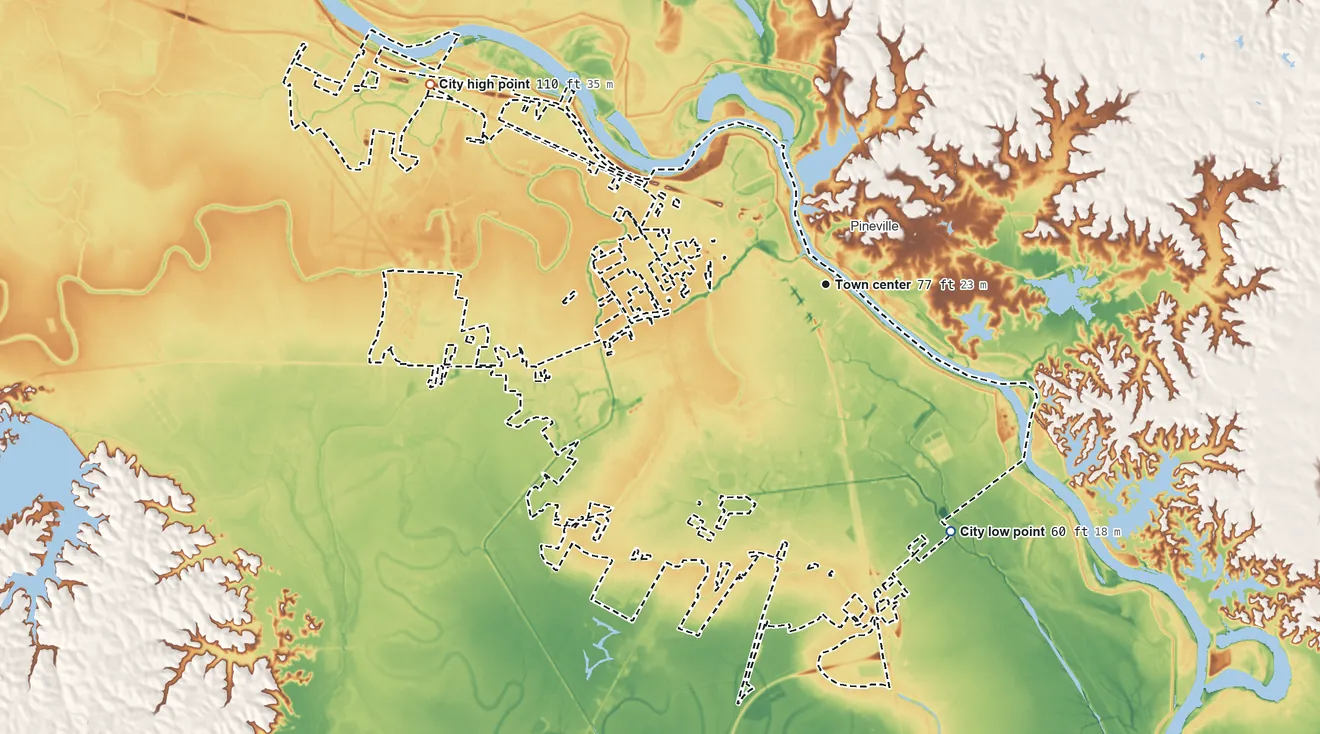 Topographic elevation map of Alexandria, Louisiana, shaded from 60 ft on the southeast side to 110 ft on the northwest side