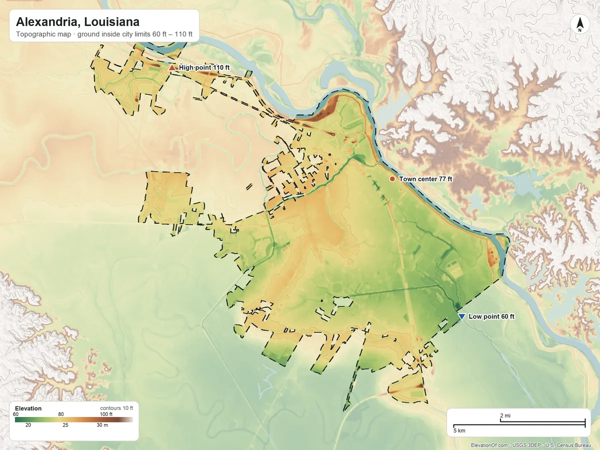 Topographic elevation map of Alexandria, Louisiana, shaded from 60 ft on the southeast side to 110 ft on the northwest side