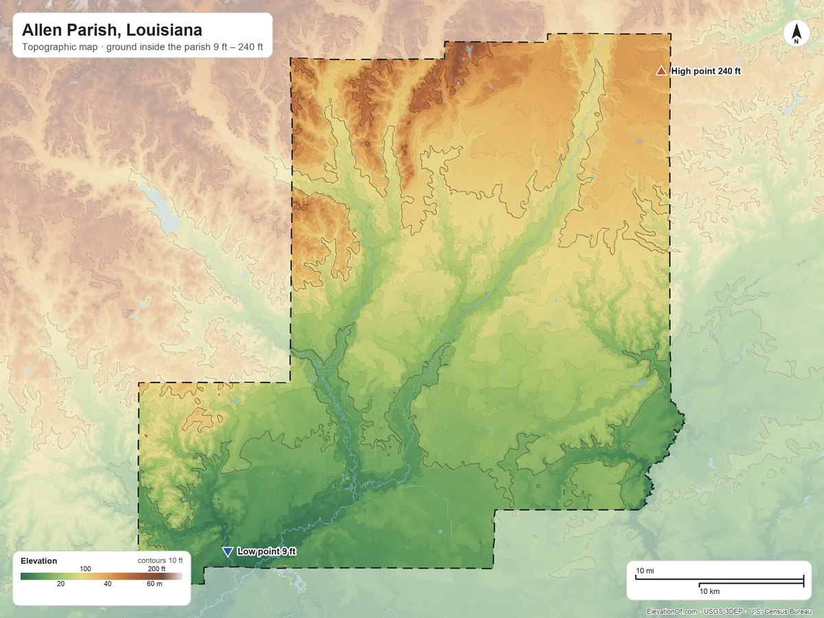 Topographic elevation map of Allen Parish, Louisiana, shaded from 9 ft on the southwest side to 240 ft on the northeast side