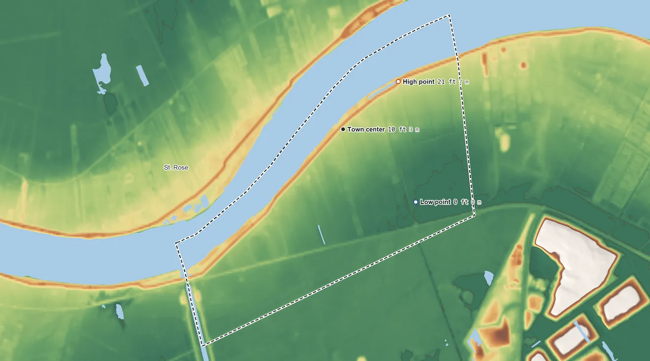 Topographic elevation map of Ama, Louisiana, shaded from 0 ft on the southeast side to 21 ft on the northeast side