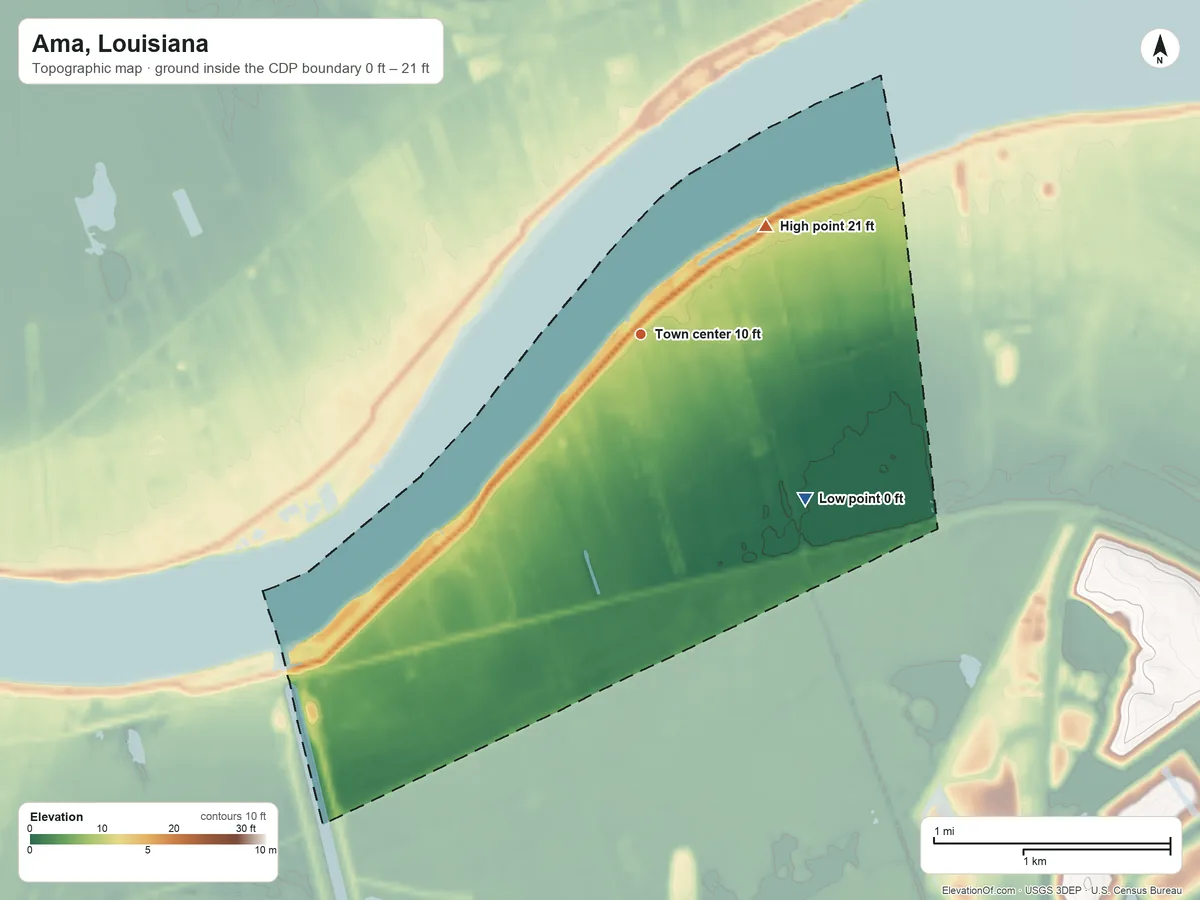 Topographic elevation map of Ama, Louisiana, shaded from 0 ft on the southeast side to 21 ft on the northeast side