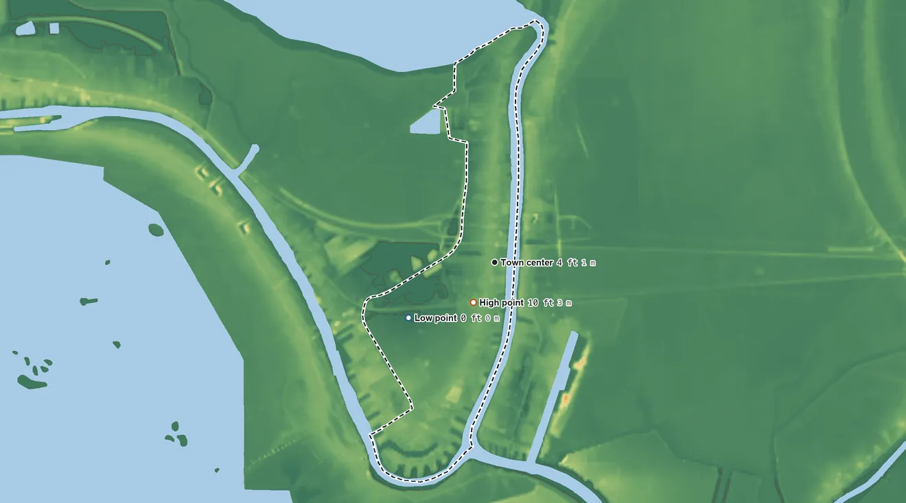 Topographic elevation map of Amelia, Louisiana, shaded from 0 ft on the southwest side to 10 ft near the middle