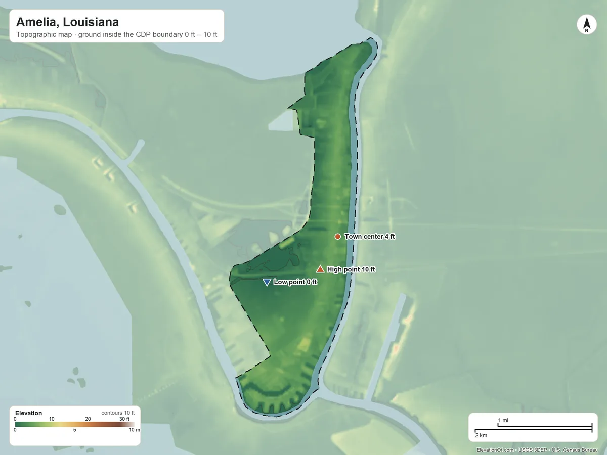 Topographic elevation map of Amelia, Louisiana, shaded from 0 ft on the southwest side to 10 ft near the middle