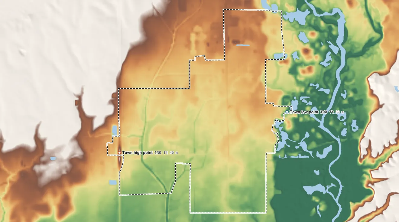 Topographic elevation map of Amite City, Louisiana, shaded from 100 ft on the northeast side to 130 ft on the west side