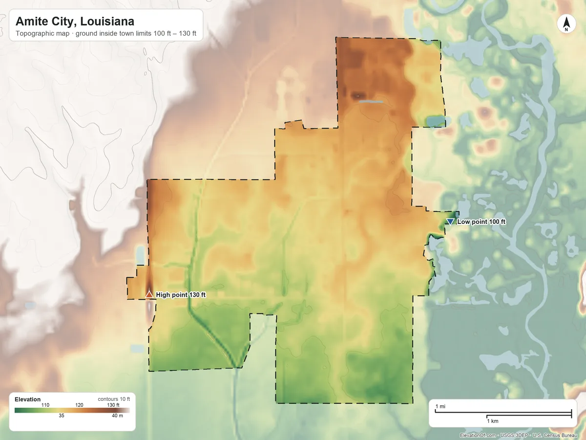 Topographic elevation map of Amite City, Louisiana, shaded from 100 ft on the northeast side to 130 ft on the west side