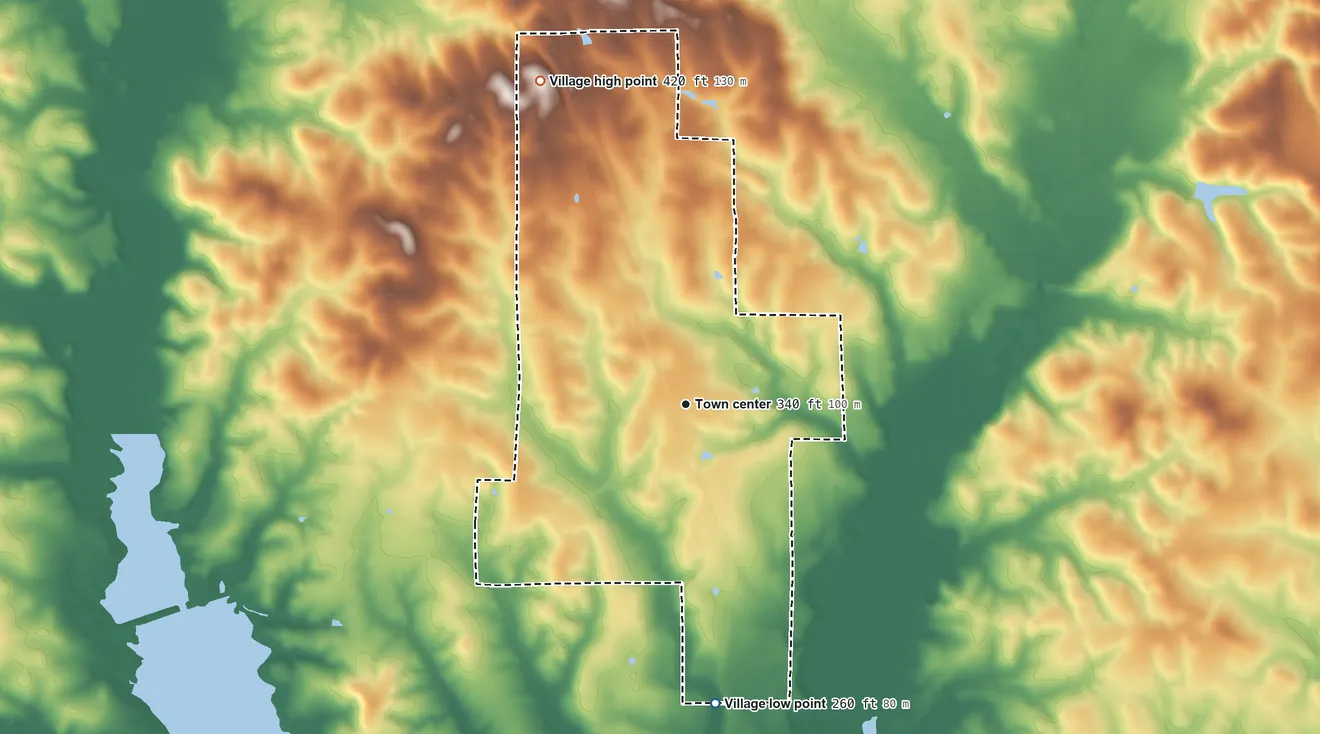 Topographic elevation map of Anacoco, Louisiana, shaded from 260 ft on the south side to 420 ft on the northwest side