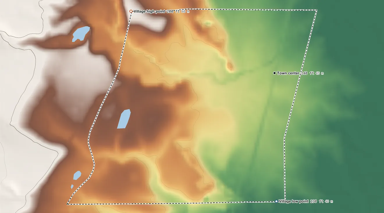 Topographic elevation map of Angie, Louisiana, shaded from 130 ft on the south side to 200 ft on the northwest side