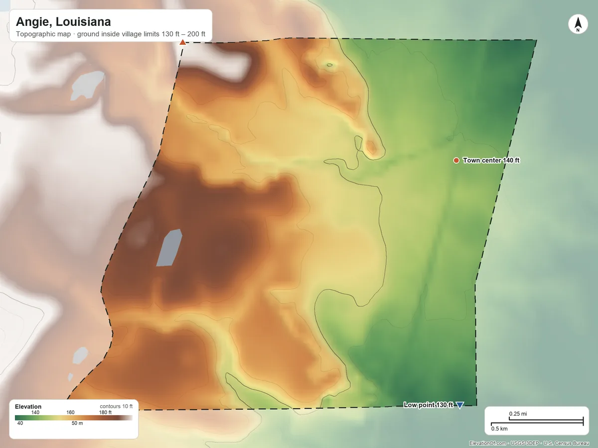 Topographic elevation map of Angie, Louisiana, shaded from 130 ft on the south side to 200 ft on the northwest side